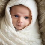 Newborn baby boy swaddled in white blanket portrait photo head.
