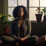 A Latina Mexican woman sits in quiet meditation sitting candle adult.